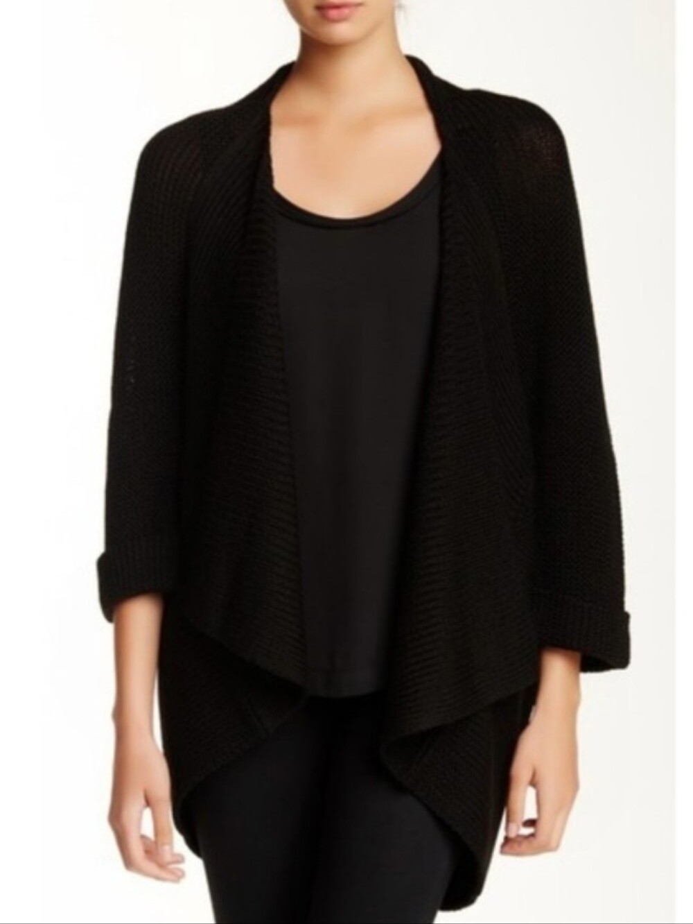 Brochu Walker City Cardigan Chunky Open Weave Alpaca Blend Black Luxury OS